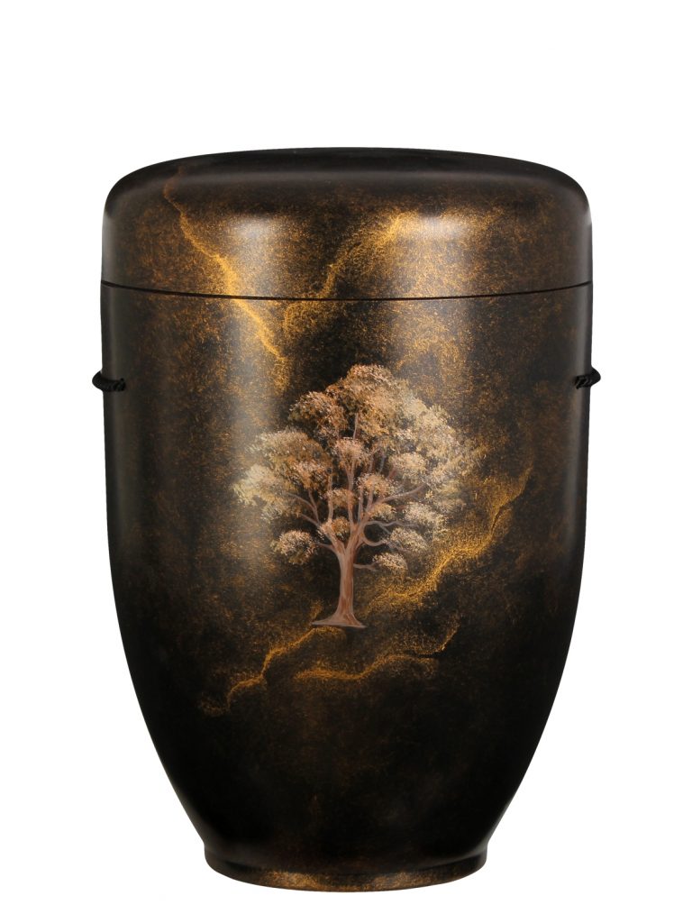 Biologisch abbaubare Urne metallic schwarz mit Baum-Motiv