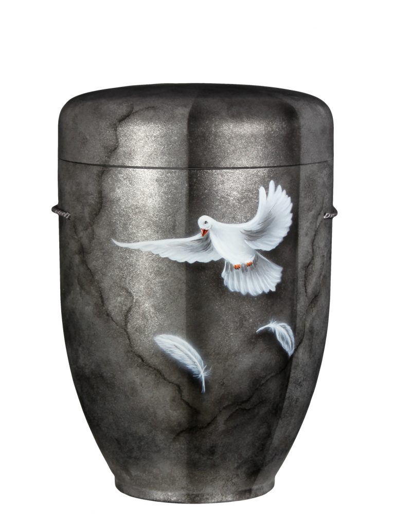 Biologisch abbaubare Urne metallic silber mit Taube