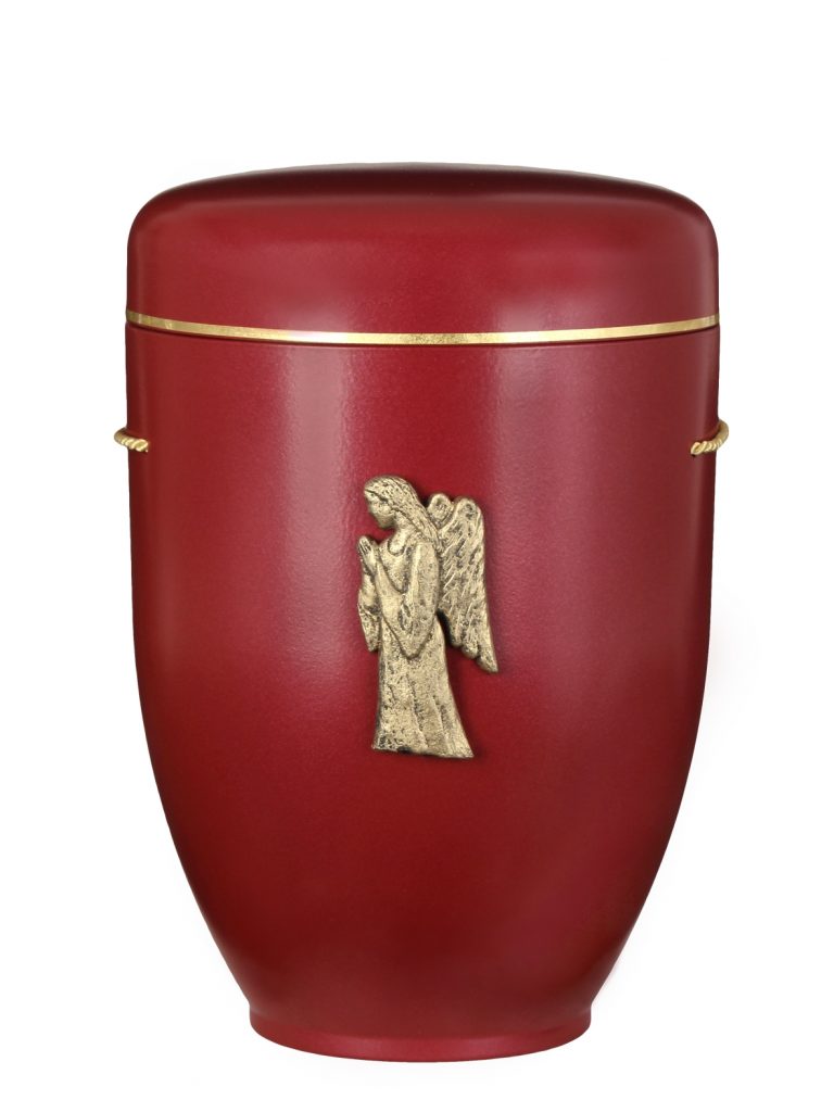 Biologisch abbaubare Urne metallic rot mit Engelmotiv