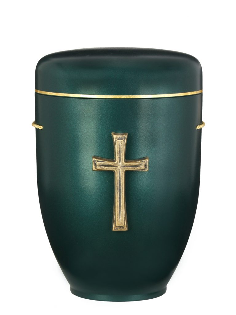 Biologisch abbaubare Urne metallic grün mit Kreuz