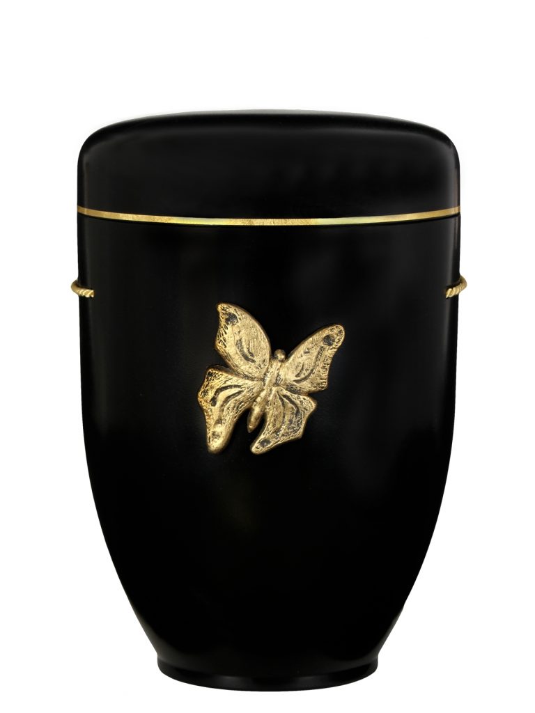 Biologisch abbaubare Urne in Schwarz mit goldfarbenem Schmetterling-Symbol
