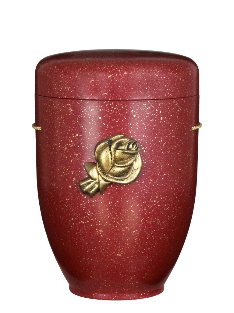 Biologisch abbaubare Urne in Rot mit goldener Rose, gesprenkelte Oberfläche