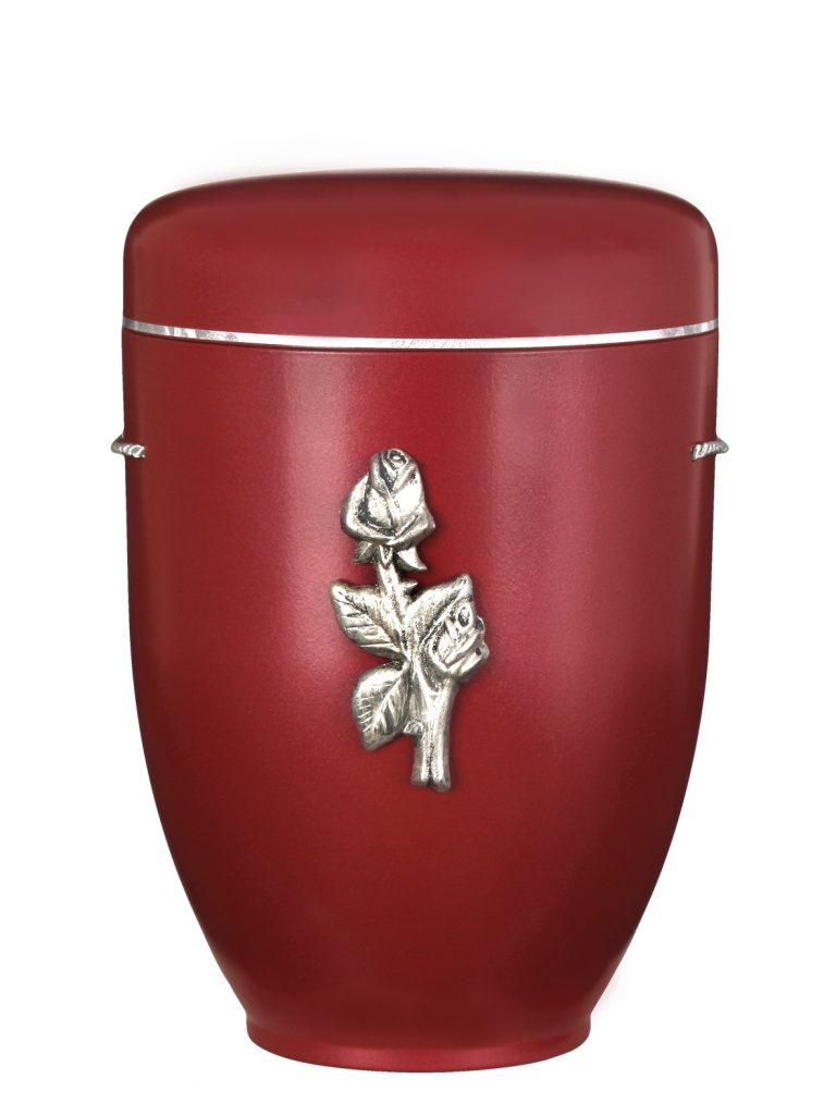 Biologisch abbaubare Urne in Rot mit silberner Rose