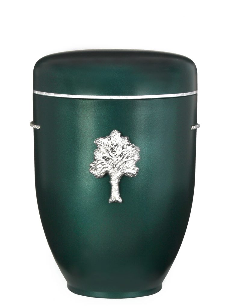 Biologisch abbaubare Urne in Grün mit silbernem Baum-Symbol