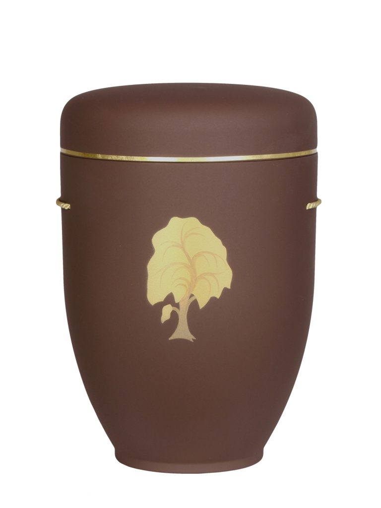 Naturfaserurne, matt mocca, Goldband schmal mit gemaltem Motiv „Motiv M38“ in Gold