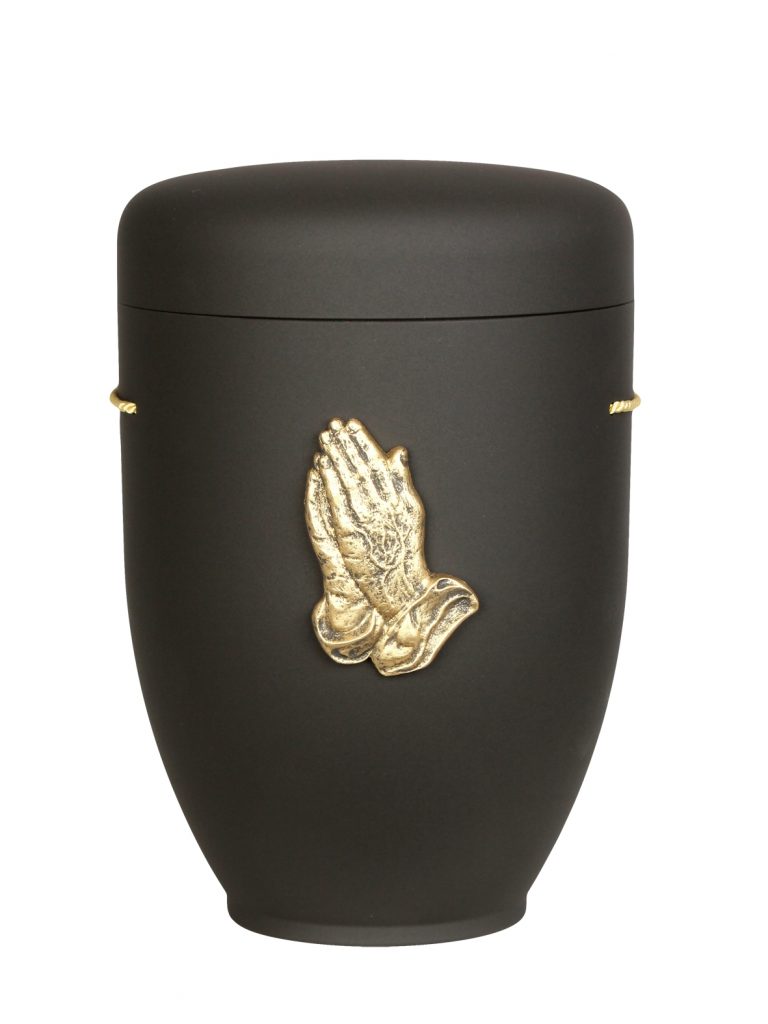 Naturfaserurne, matt granit, ohne Rand mit aufgesetztem Emblem „Motiv D05“ in Gold