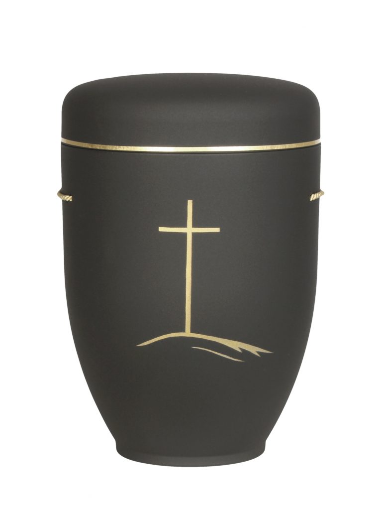 Naturfaserurne, matt granit, Goldband schmal mit gemaltem Motiv „Motiv M54“ in Gold