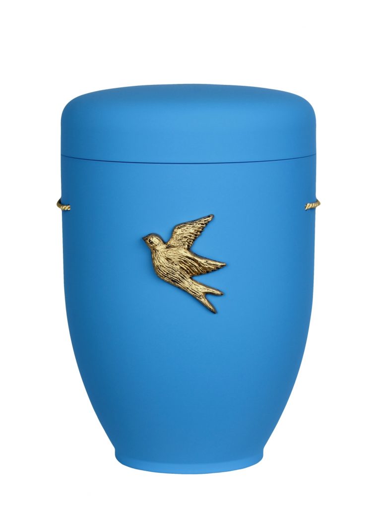 Naturfaserurne, matt hellblau, ohne Rand mit aufgesetztem Emblem „Motiv D17“ in Gold