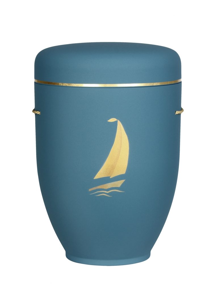 Naturfaserurne, matt polarblau, Goldband schmal mit gemaltem Motiv „Motiv M34“ in Gold