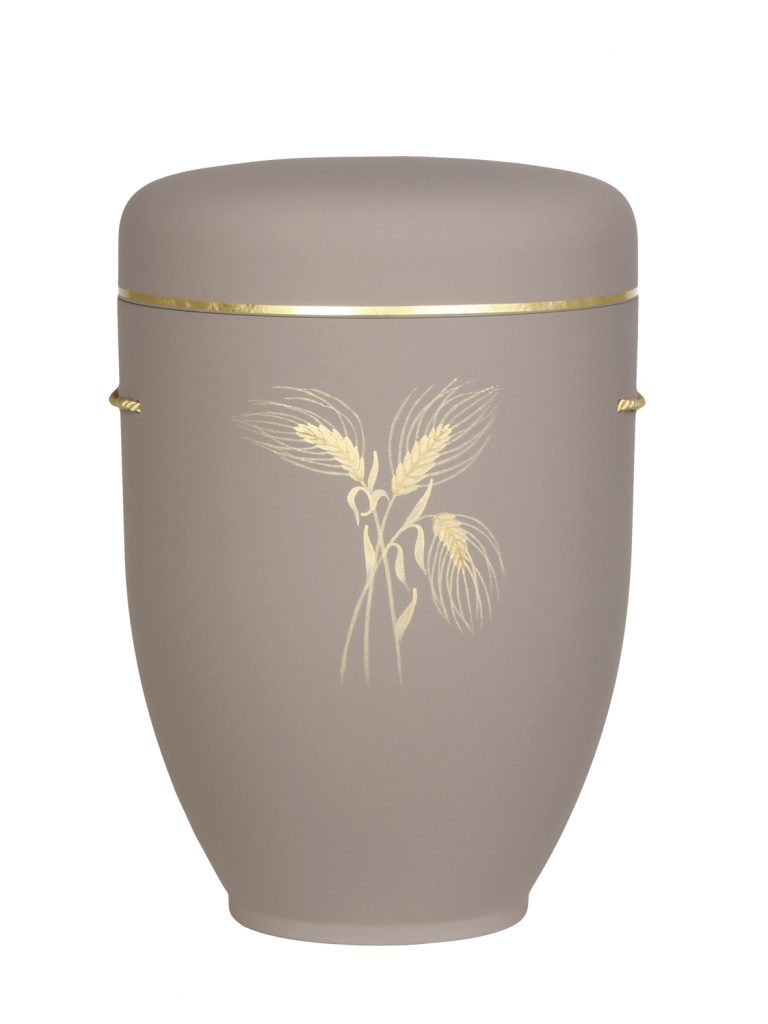 Naturfaserurne, matt pastellbraun, Goldband schmal mit gemaltem Motiv „Motiv M53“ in Gold