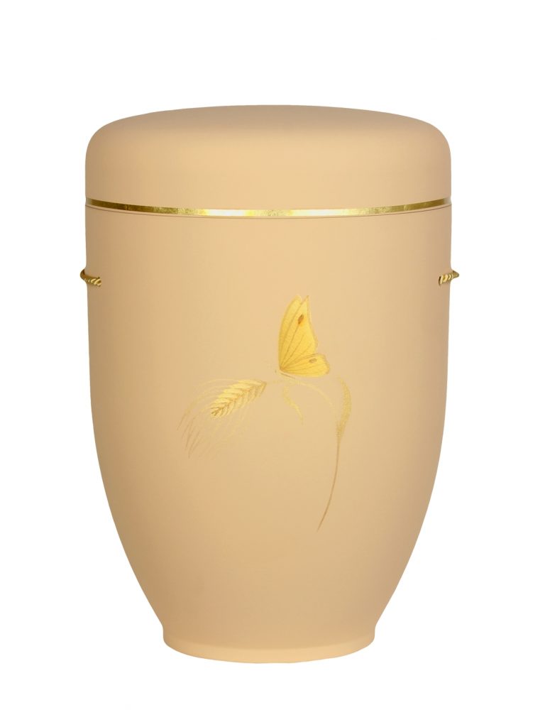 Naturfaserurne, matt elfenbein, Goldband schmal mit gemaltem Motiv „Motiv M51“ in Gold