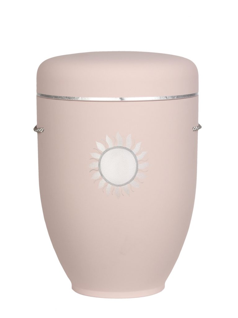 Naturfaserurne, matt rosé, Silberband schmal mit gemaltem Motiv „Motiv M30“ in Silber