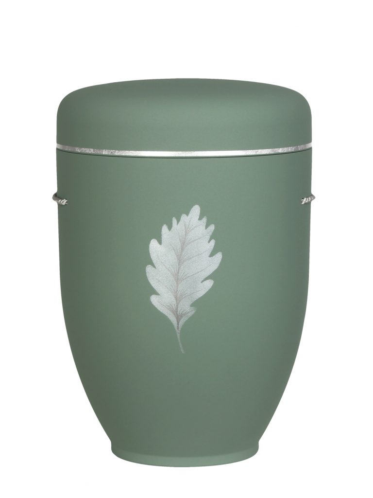 Naturfaserurne, matt mint, Silberband schmal mit gemaltem Motiv „Motiv M36“ in Silber