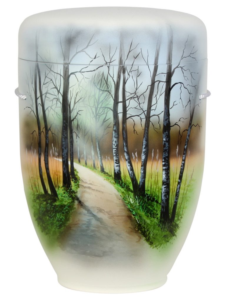 Naturfaserurne, matt warmweiss, handbemaltes Motiv: Waldweg