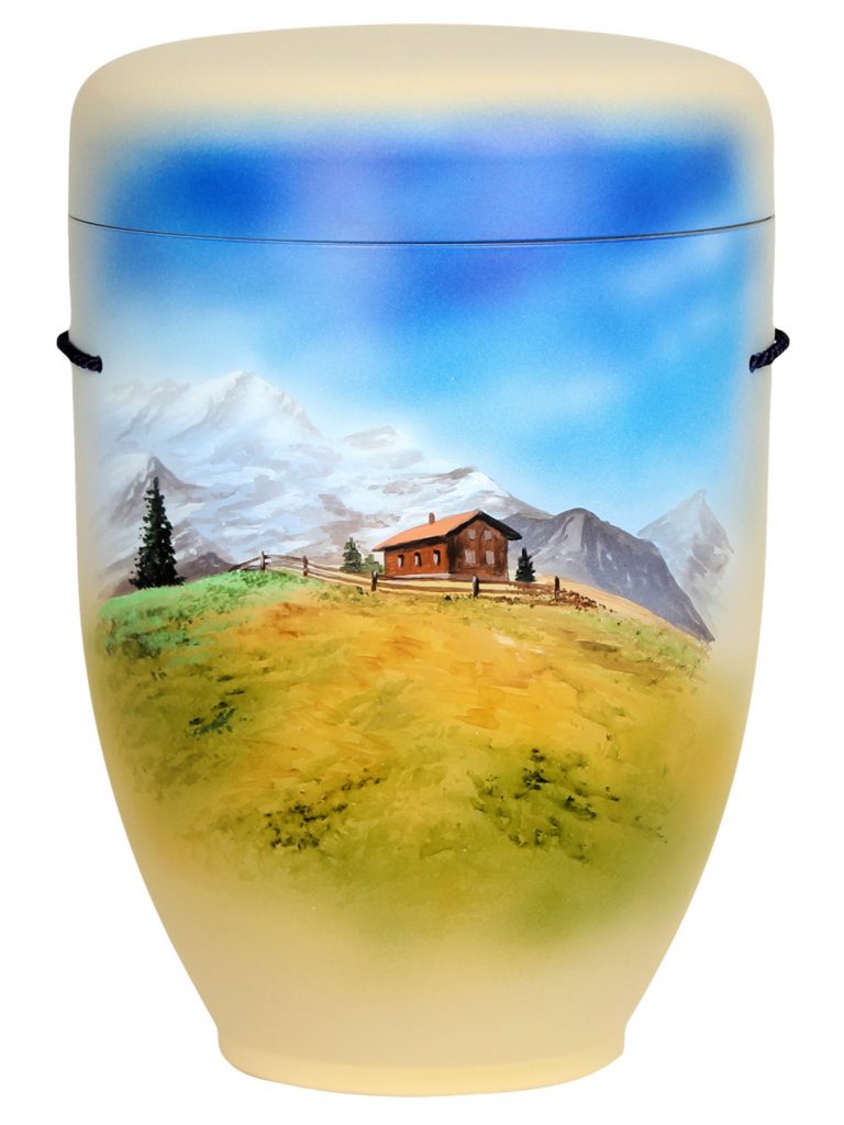 Naturfaserurne, matt savanne, handbemaltes Motiv: Almhütte