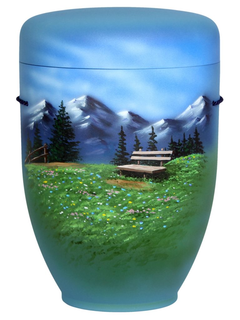 Naturfaserurne, matt polarblau, handbemaltes Motiv: Alpenpanorama