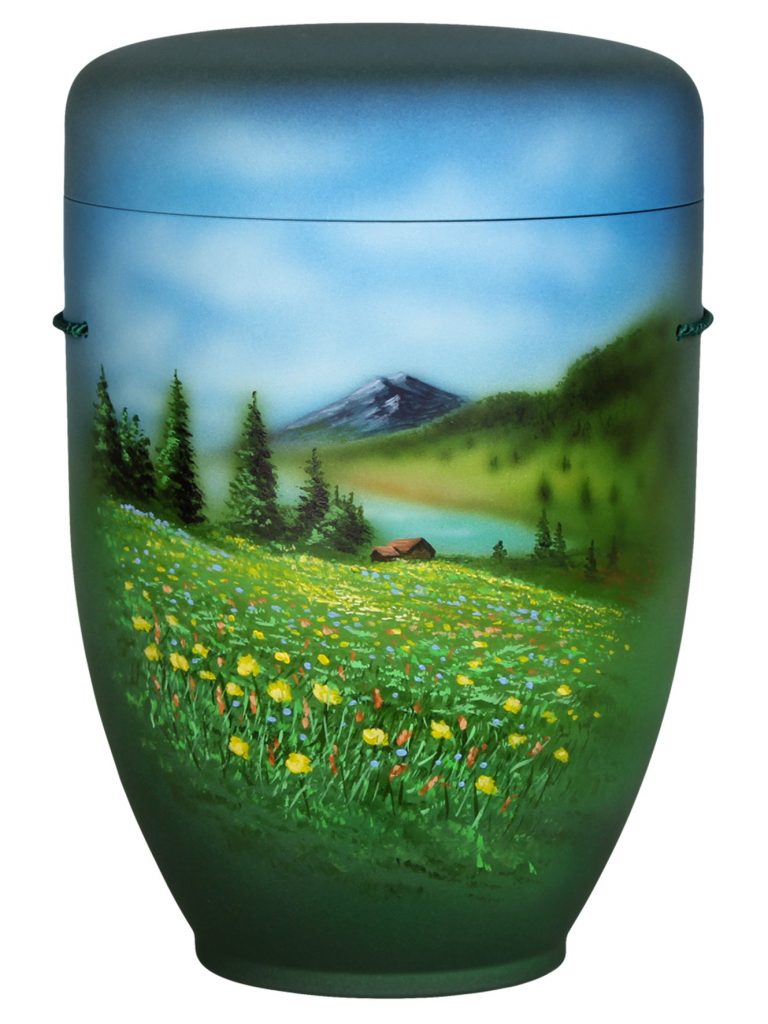 Naturfaserurne, matt tannengrün, handbemaltes Motiv: Alpenwiese