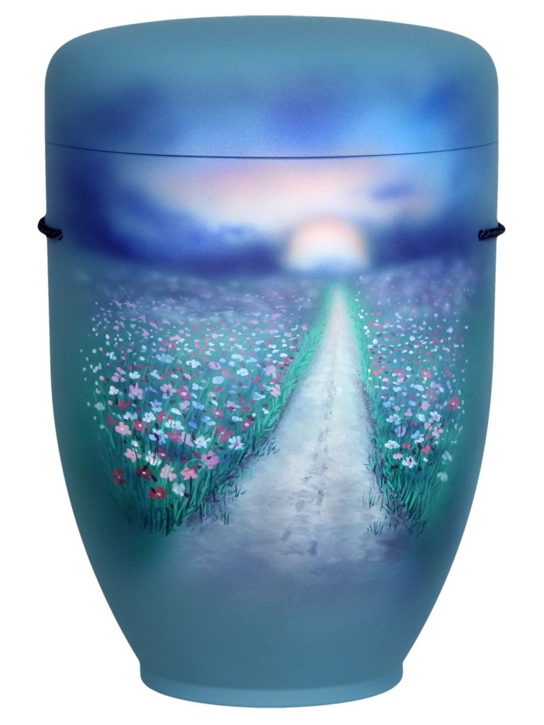 Naturfaserurne, matt polarblau, handbemaltes Motiv: Wiesenweg