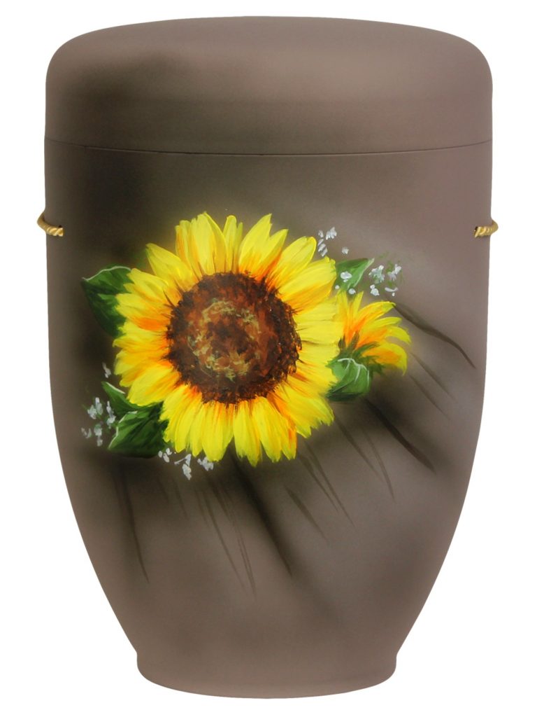 Naturfaserurne, matt pastellbraun, handbemaltes Motiv: Sonnenblume