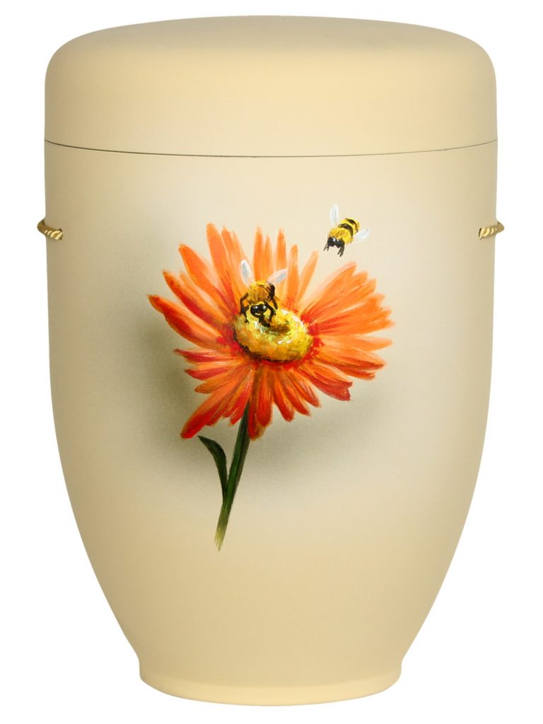 Naturfaserurne, matt savanne, handbemaltes Motiv: Gerbera mit Bienen