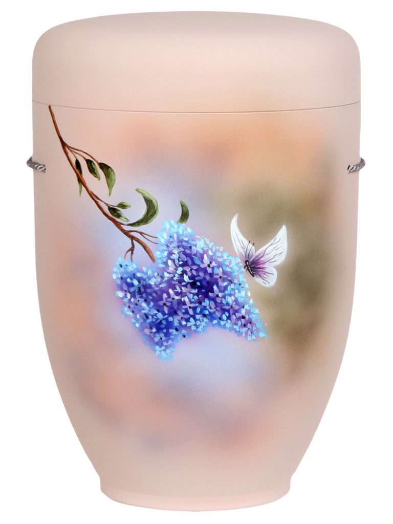 Naturfaserurne, matt rosé, handbemaltes Motiv: Fliederblüte