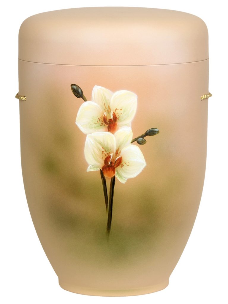 Naturfaserurne, matt elfenbein, handbemaltes Motiv: Orchideenzweig