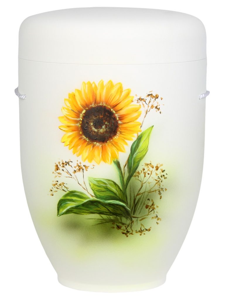 Naturfaserurne, matt warmweiss, handbemaltes Motiv: Sonnenblume