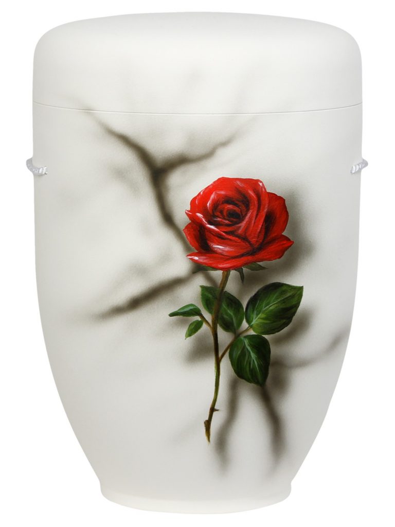 Naturfaserurne, matt warmweiss, handbemaltes Motiv: Rose im Marmor