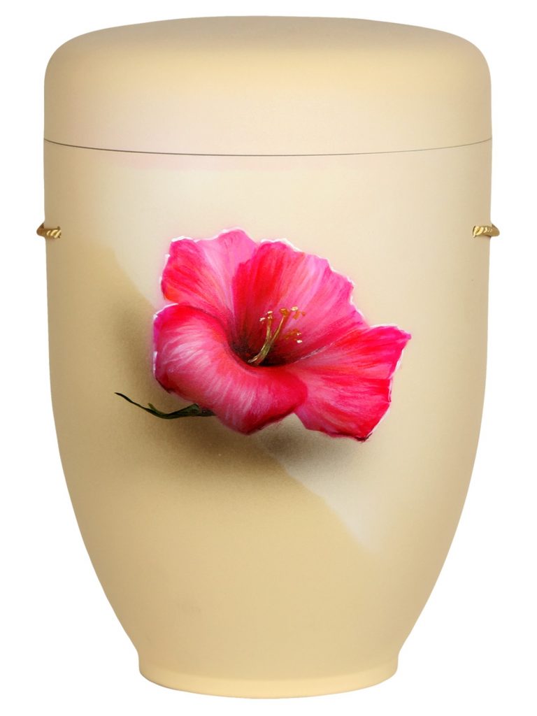 Naturfaserurne, matt savanne, handbemaltes Motiv: Hibiskusblüte