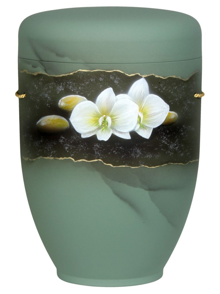 Naturfaserurne, matt mint, handbemaltes Motiv: Orchideen im Marmor