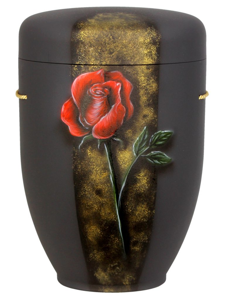 Naturfaserurne, matt granit, handbemaltes Motiv: Rose im Gold