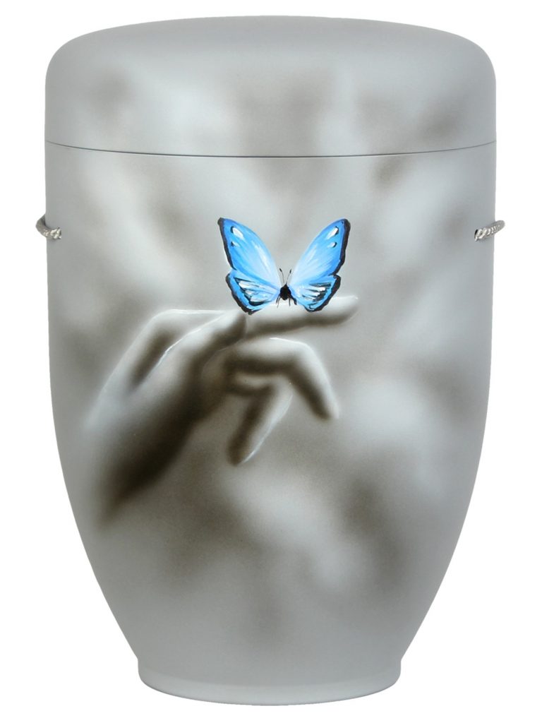 Naturfaserurne, matt hellgrau, handbemaltes Motiv: Schmetterling am Finger