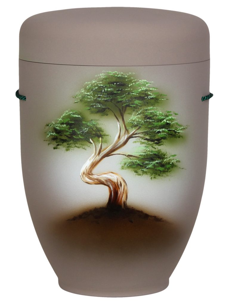 Naturfaserurne, matt pastellbraun, handbemaltes Motiv: Bonsai