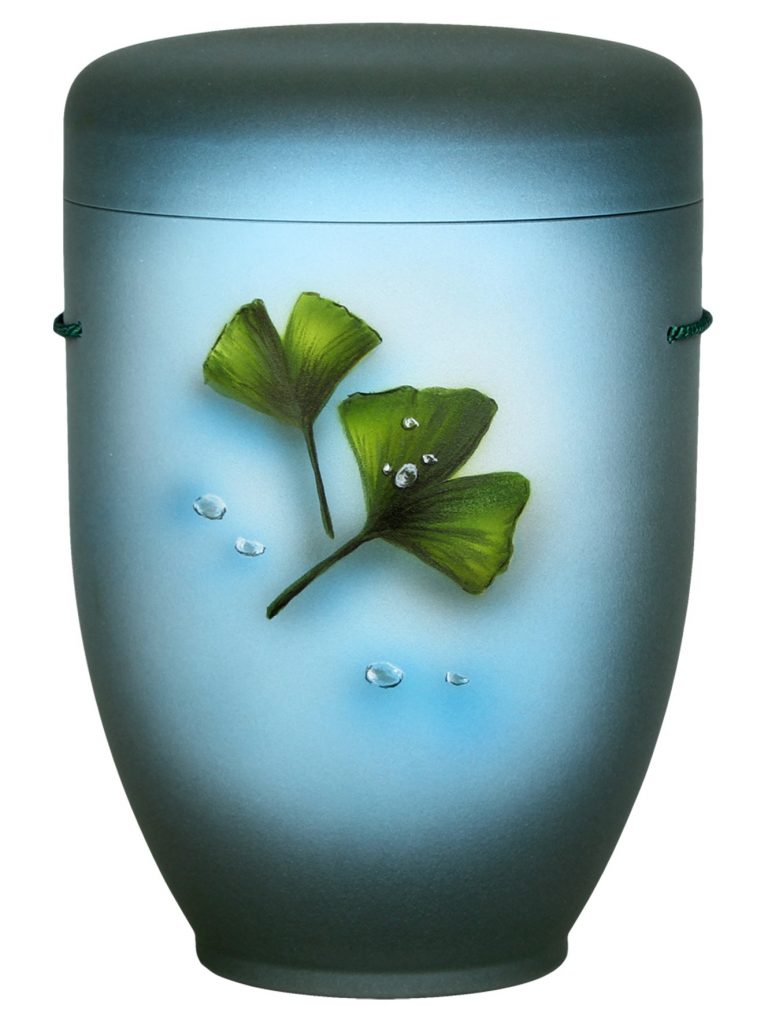 Naturfaserurne, matt tannengrün, handbemaltes Motiv: Ginkgo im Perlwasser