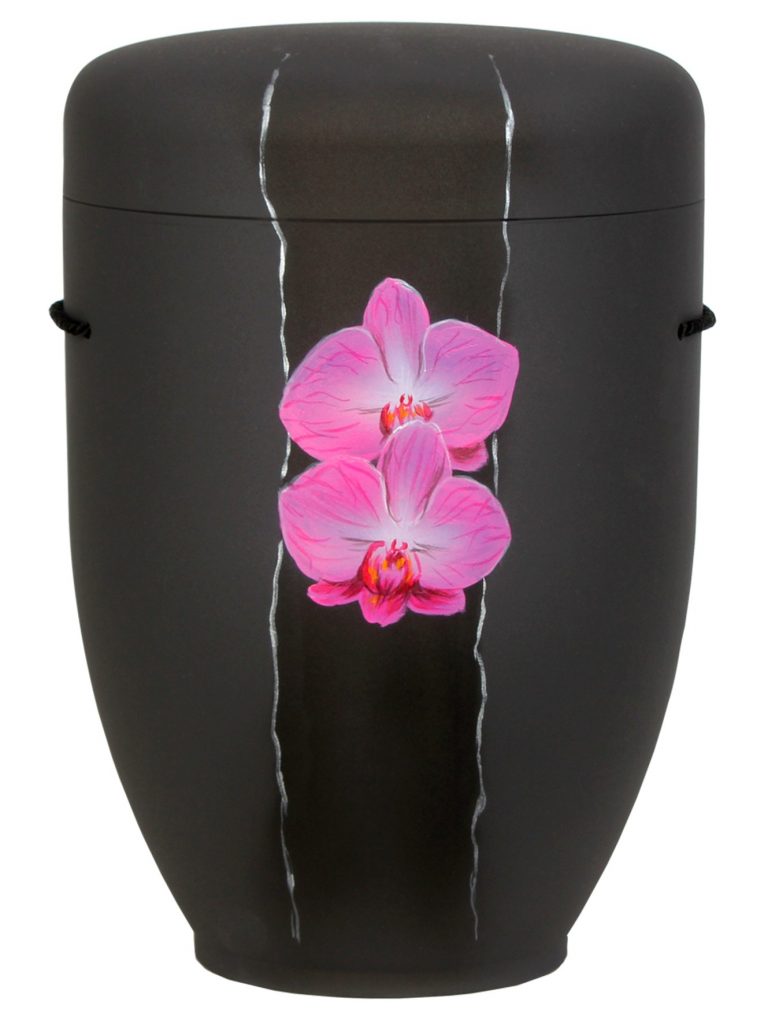 Naturfaserurne, matt granit, handbemaltes Motiv: Orchidee im Ausschnitt
