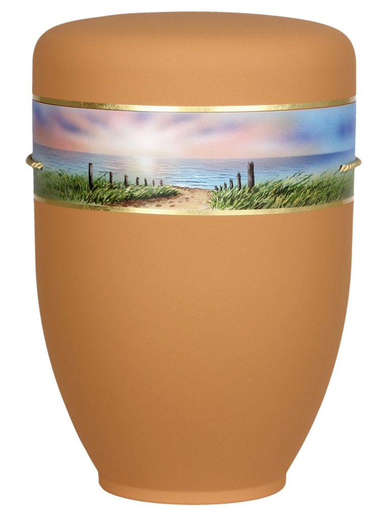 Naturfaserurne, matt terra, handbemaltes Motiv: Bordüre Strandweg