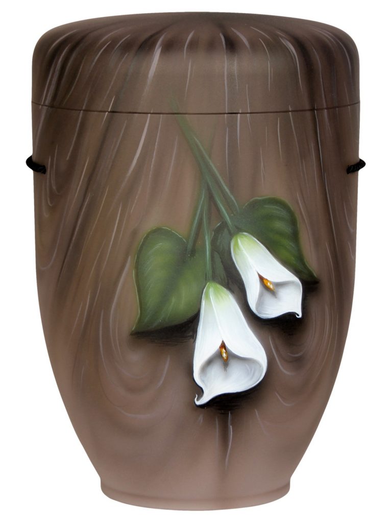 Biologisch abbaubare Urne marmoriert mit weißen Calla-Blüten