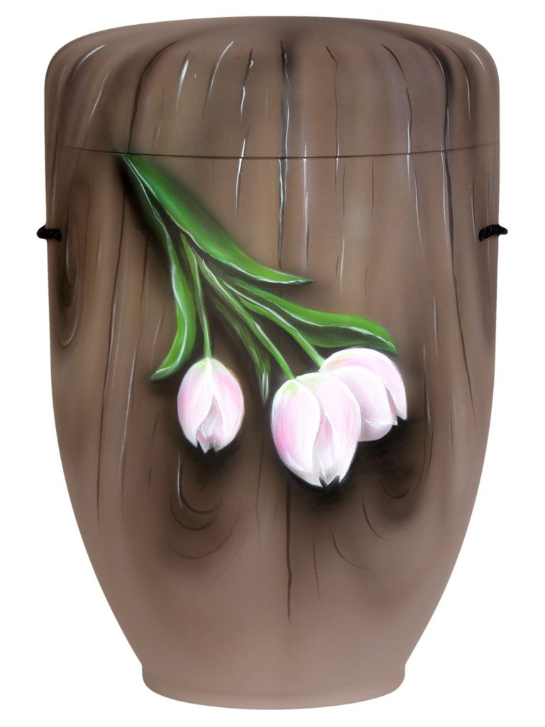 Biologisch abbaubare Urne marmoriert mit rosa Tulpen