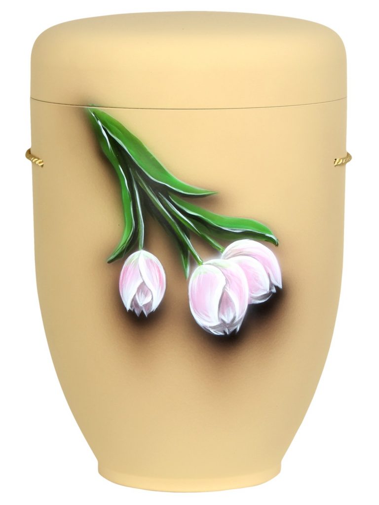 Naturfaserurne, matt savanne, handbemaltes Motiv: rosa Tulpen ohne Parkett