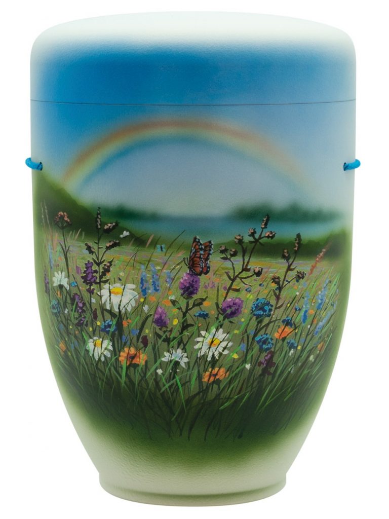 Naturfaserurne, matt warmweiss, handbemaltes Motiv: Regenbogenwiese