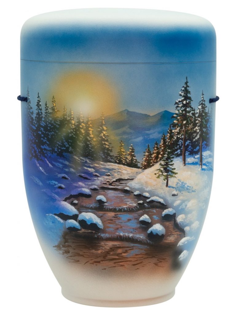 Naturfaserurne, matt warmweiss, handbemaltes Motiv: Winterzauber