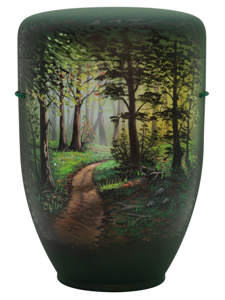 Naturfaserurne, matt tannengrün, handbemaltes Motiv: Waldweg