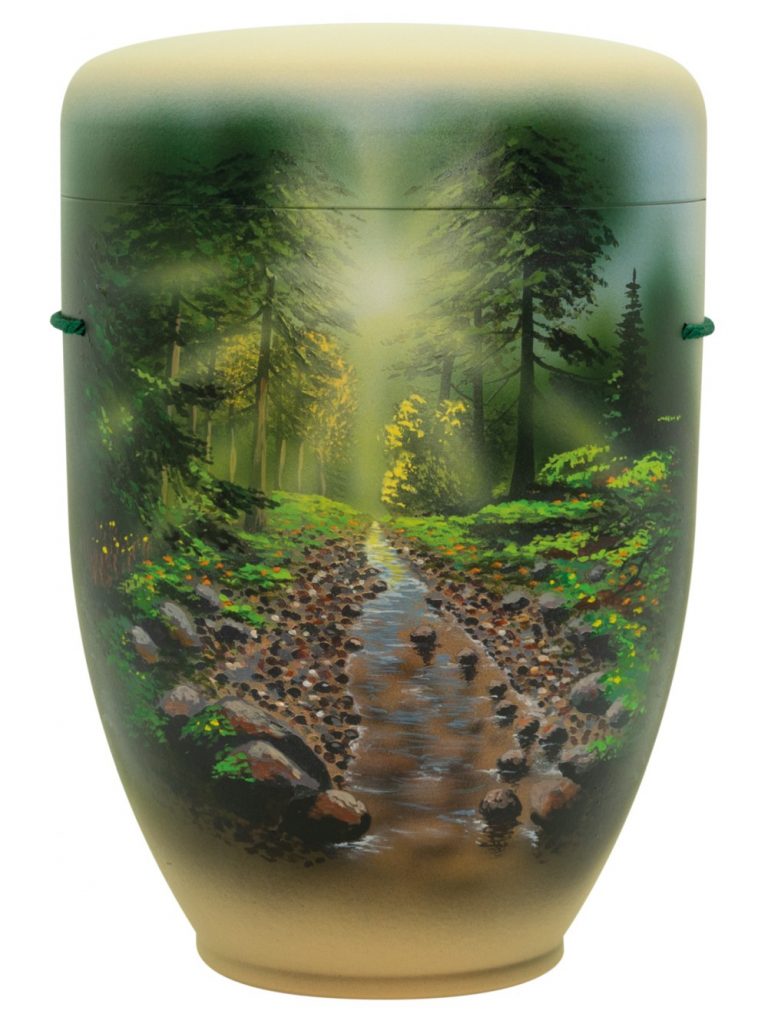 Naturfaserurne, matt savanne, handbemaltes Motiv: Waldbach