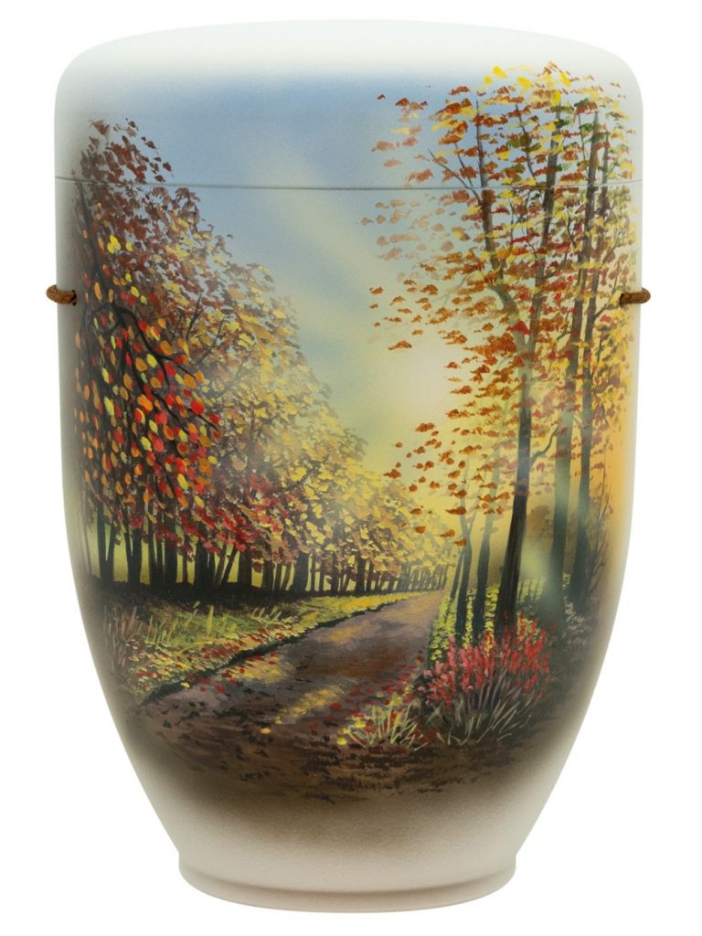 Naturfaserurne, matt warmweiss, handbemaltes Motiv: Herbstweg