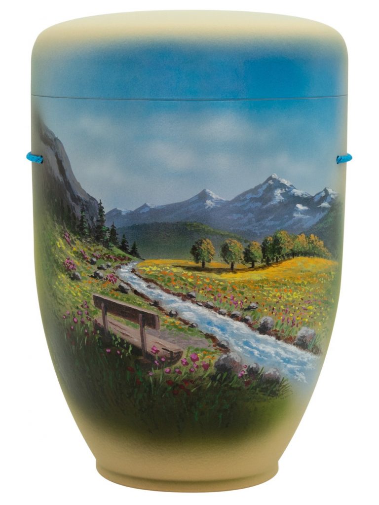 Naturfaserurne, matt savanne, handbemaltes Motiv: Alpenbach