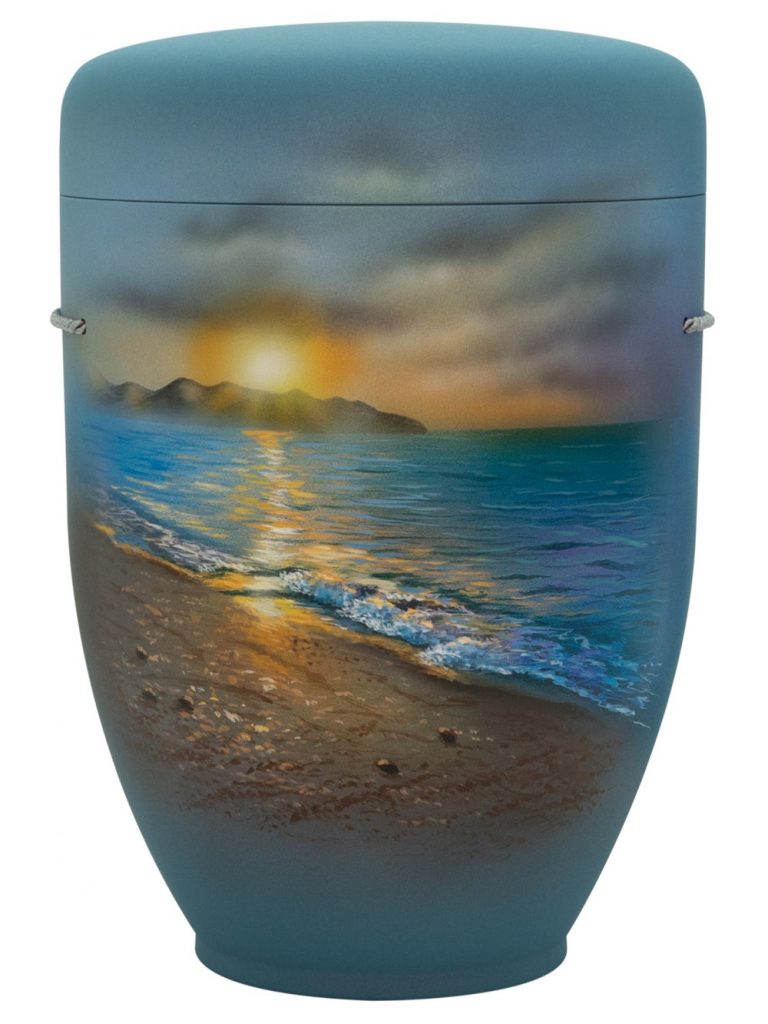 Naturfaserurne, matt polarblau, handbemaltes Motiv: Sonnenuntergang am Strand