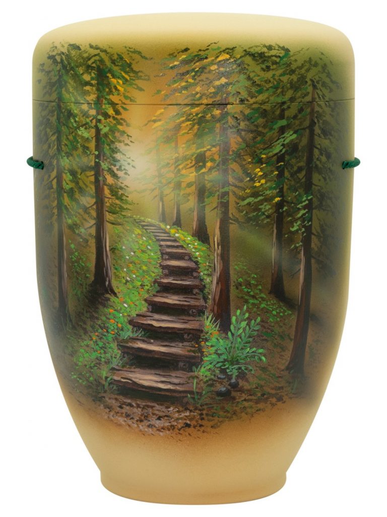 Naturfaserurne, matt savanne, handbemaltes Motiv: Treppe im Wald