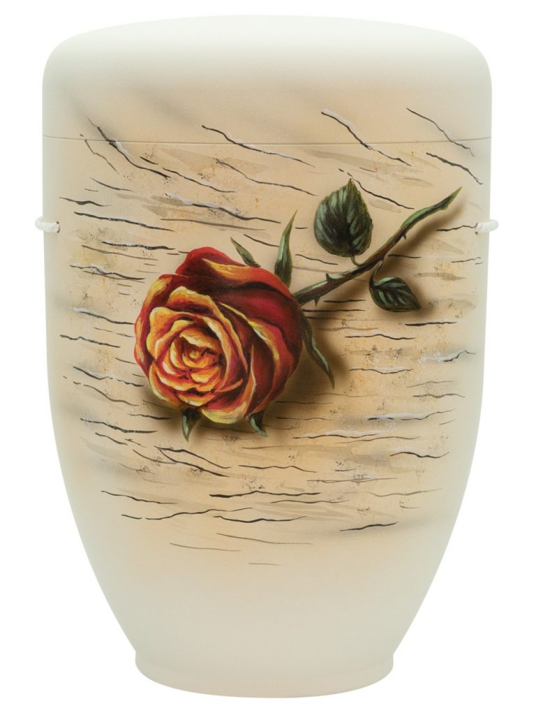 Naturfaserurne, matt warmweiss, handbemaltes Motiv: Rose Holz