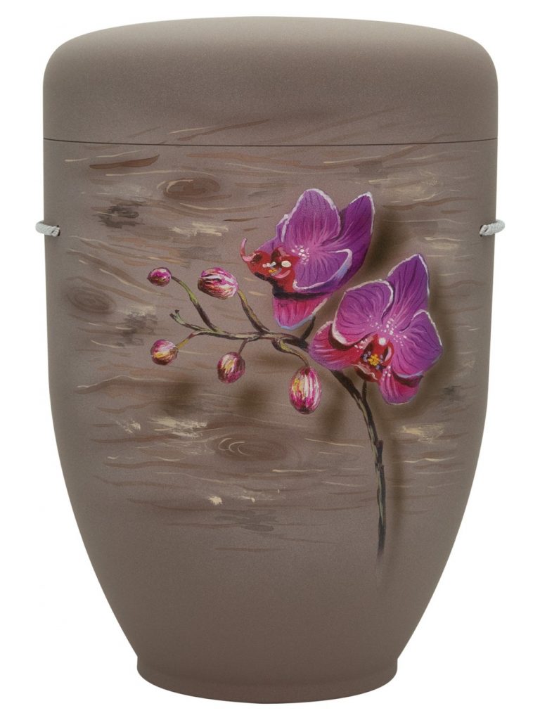 Naturfaserurne, matt pastellbraun, handbemaltes Motiv: Orchideen