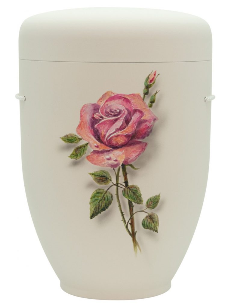 Naturfaserurne, matt warmweiss, handbemaltes Motiv: rosa Rose